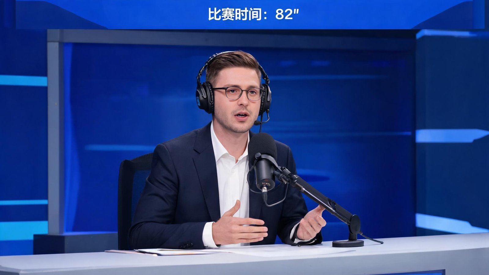 开云体育直播间内，一位专业解说员正在分析比赛战术，背景是实时比分板
